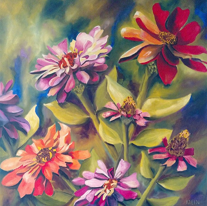 Zinnias / oil on gallery wrapped canvas / 24 x 24 / $475.00